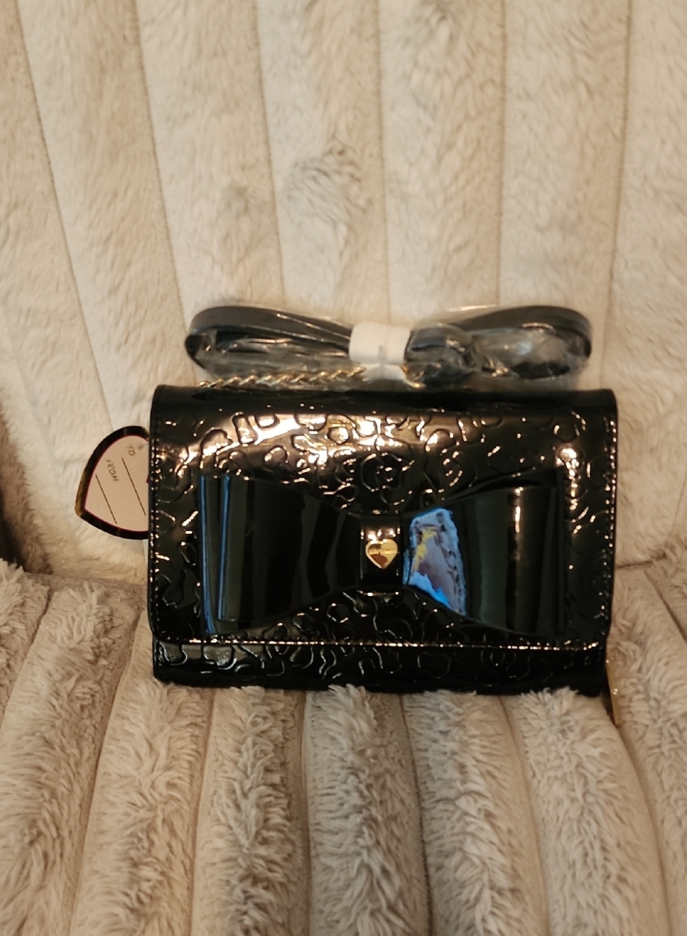 Betsey Johnson Black Patent Bow Crossbody with Gold Heart Accent